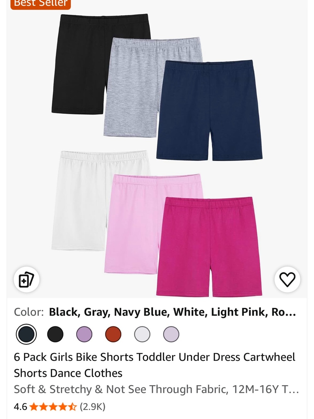 Girls 6-Pack Bike Shorts – Black, Gray, Navy Blue, White, Light Pink, Raspberry